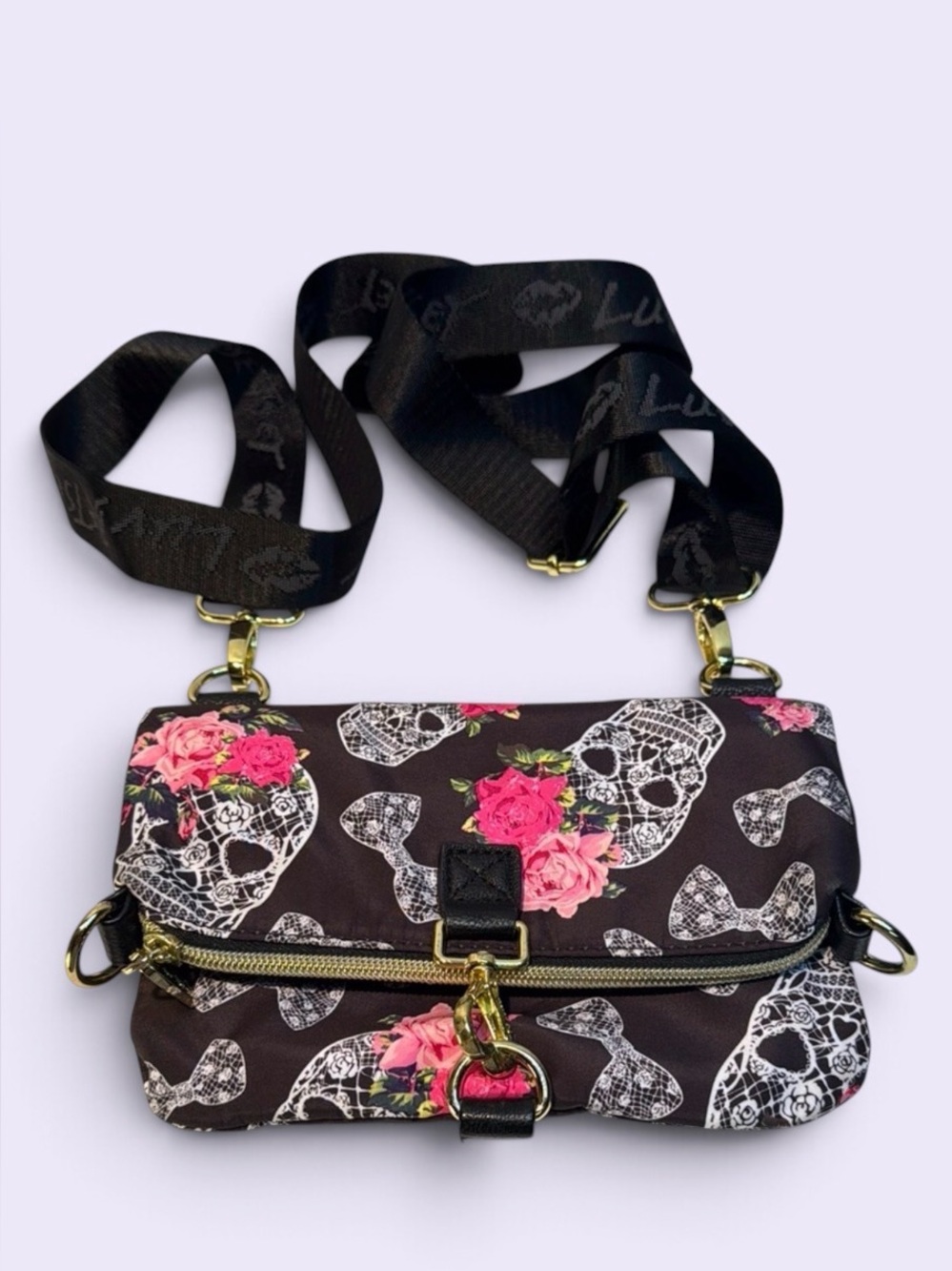 Betsey Johnson Black and Pink Crossbody Bag with Structured Design